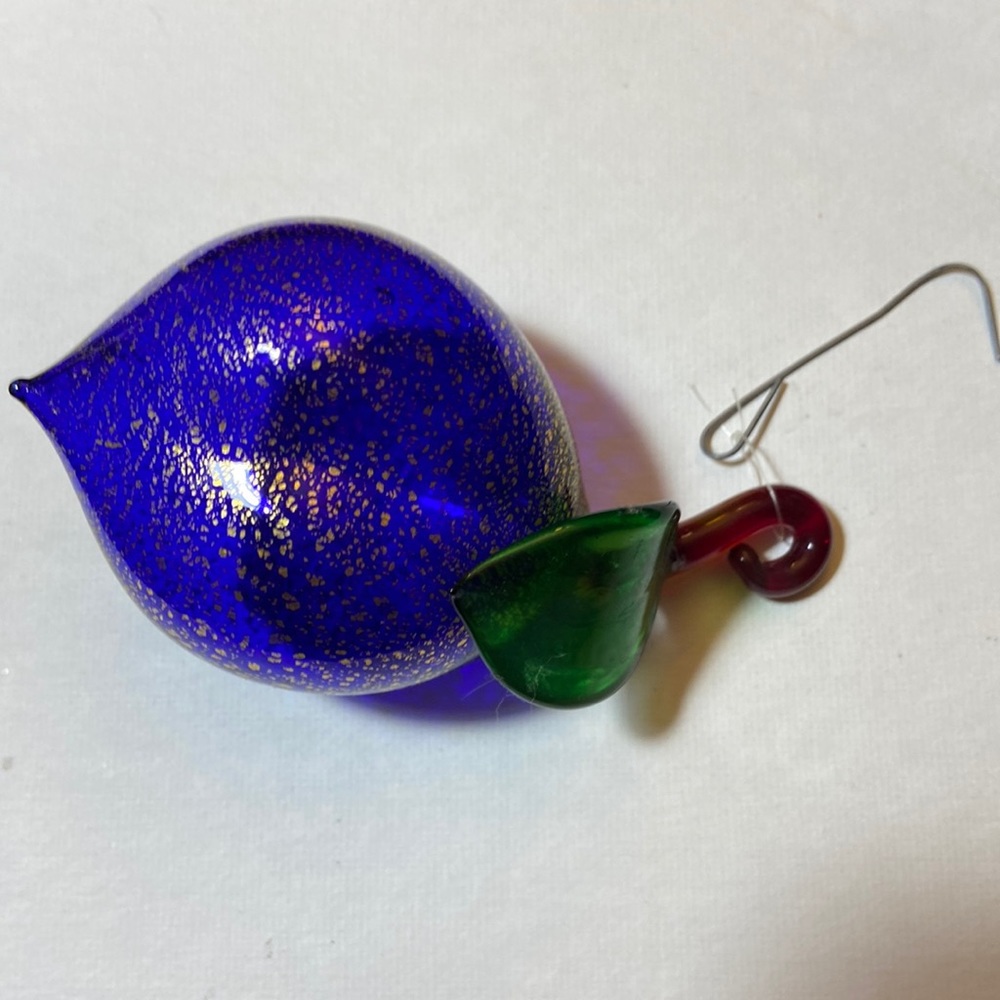 Murano Handmade Art Glass Plum Ornament Cobalt Gold Speckles
